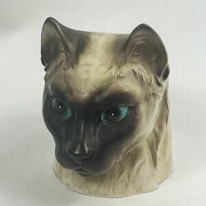 Vintage Siamese Cat Head Vase Planter E4006 Ceramic Figurine Blue Eyes 5in